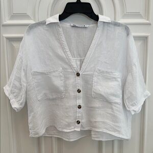 Zara White Linen Button-Front Crop Shirt with Patch Pockets